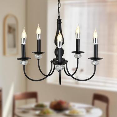 Imagem de Lustre preto, lustre de vela de fazenda com 5 luzes para sala de estar, lustres pendentes industriais rústicos para sala de jantar, luminária suspensa de cristal vintage para hall de entrada de