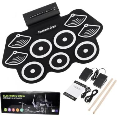 Imagem de Bateria Eletrônica Musical Portátil com 9 Pads Sensíveis, Ritmos Integrados, Entrada para Fones e Design Ultrafino Dobrável. Gamora LTDA