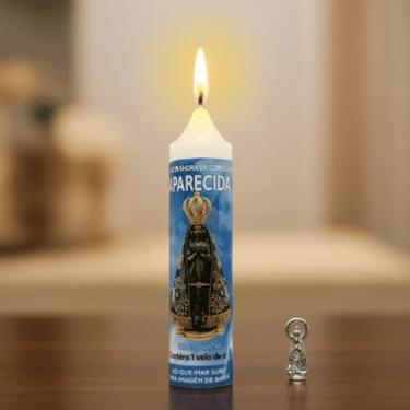 Imagem de Vela Encantada Nossa Senhora Aparecida, Branca, Parafina, 60g, 12,5cm Altura, com Medalha em Níquel