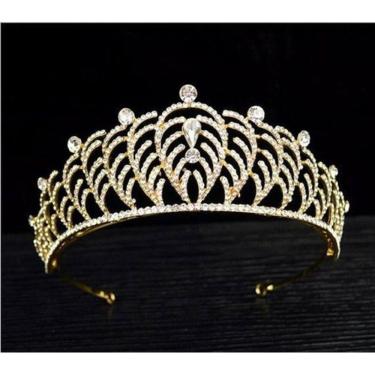 Imagem de Coroa Tiara Arranjo Cabelo Noiva Strass Dourada Debutante