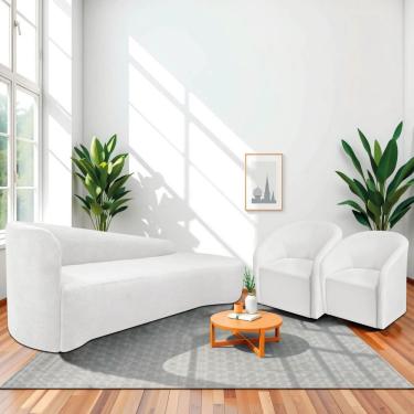 Imagem de Kit Sofá Curvo França 220cm Ld. E 2 Poltronas Luiza Max Conforto, Elegância E Design Moderno Bouclé Branco