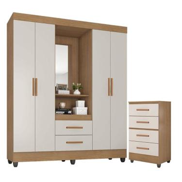 Imagem de Guarda Roupa Casal Capela E Cômoda 4 Gavetas Lite Nature Off White - Móveis Leão