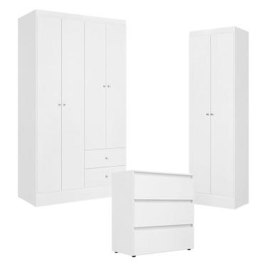 Imagem de Guarda Roupa Solteiro Astro 4 Portas Com Cômoda Gaveteiro Condessa E Armário Multiuso 2 Portas Space Branco -thb
