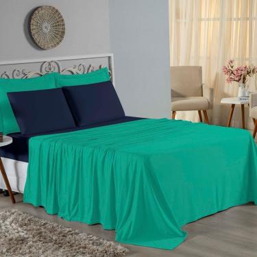 Imagem de Jogo De Cama Solteiro Nobre 3 Peças Lençol Com Elástico De 30cm De Altura Malha 100% Algodão - Jade / Azul-marinho