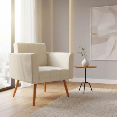 Imagem de Poltrona Sala Decorativa Elisa Pé Palito Castanho Cotelê Ext/Veludo Bege D03 - D'Rossi