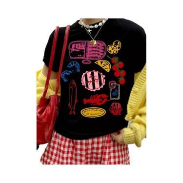 Imagem de Camiseta Casual Feminina De Manga Curta Com Estampa De Frutas E Marisc