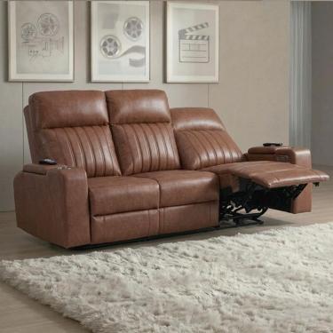 Imagem de Poltrona Reclinável Cinema 3 Lugares Baú Usb Pu Moscou Sint Camel Z57 - Mpozenato