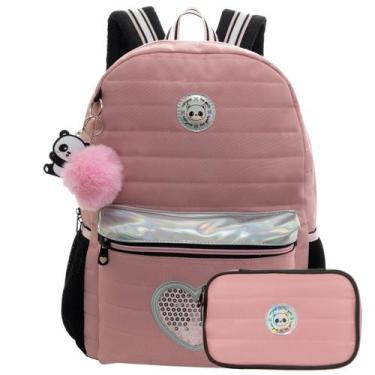 Imagem de Kit Mochila Costas 16" Panda Holográfico Estojo Box Escolar, Rosa