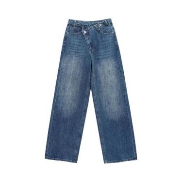 Imagem de Calças Jeans Vintage De Cintura Alta Assimétricas Para Mulheres Com Bo