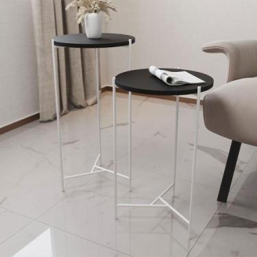 Imagem de Mesa Lateral Redonda Áquila Branca e Tampo Preto - IRON WOOD