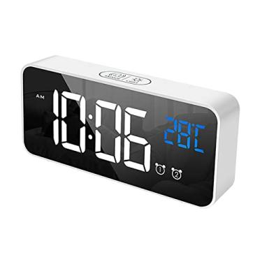 Imagem de Mibee Despertador digital LED para quarto Relógio eletrônico com termômetro 2 alarmes Função soneca 4 níveis de brilho Relógios de espelho Carregamento USB para mesa de cabeceira