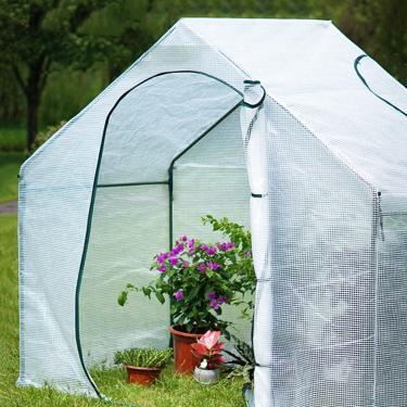 Imagem de LSMK Capa de plástico mini estufa para jardim, casa quente à prova de chuva portátil para proteção de flores em vasos, barraca/galpão com porta branca PE e armação de aço