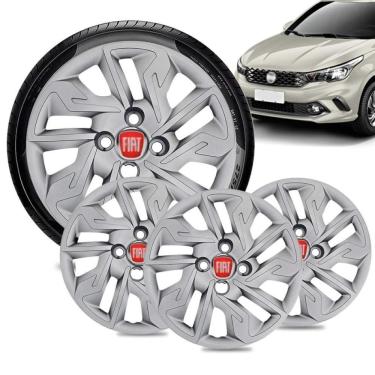 Imagem de Jogo 4 Calota Fiat Argo Aro 14 Prata Emblema Vermelho