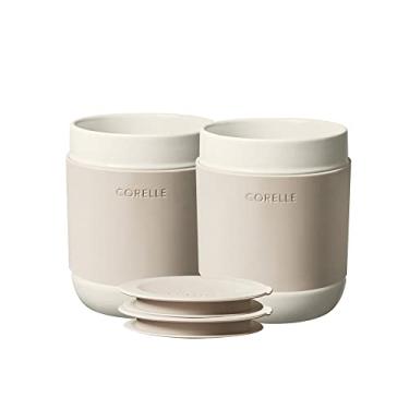 Imagem de Corelle Conjunto de 2 copos de grés de 4 peças com tampas, caneca de viagem artesanal feita à mão, grés esmaltado sólido, conjunto de canecas de café de viagem de 30 ml, azul marinho