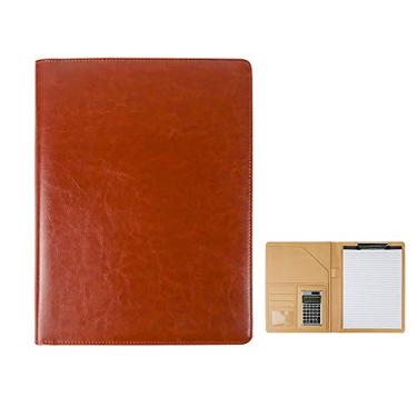 Imagem de Yajun Pasta de arquivos de couro PU com calculadora multifuncional organizador de materiais de escritório almofadas de documentos pasta de conferência para viagem de negócios, marrom