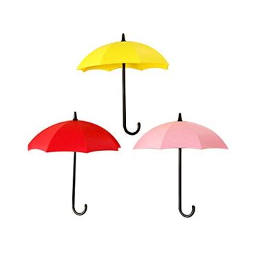 Imagem de Shineweb 3 peças de gancho de parede colorido guarda-chuva chave pendurado suporte de pino de cabelo organizador decorativo (vermelho + rosa + amarelo)