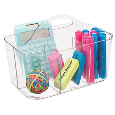 Imagem de (Clear) - mDesign School Supplies Desk Organiser Tote for Scissors, Pens, Pencils, Notepads, Markers, Highlighters, Tape - Small, Clear
