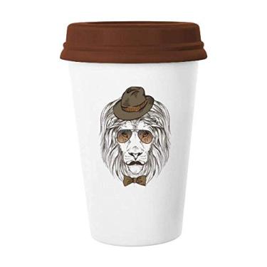 Imagem de Estilo britânico delicado chapéu de leão gravata borboleta caneca café copo cerâmica copo tampa