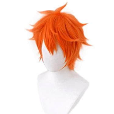 Imagem de Resistente ao calor Perucas masculinas unissex curtas retas laranja peruca de cabelo perucas de cabelo em camadas com franja peruca de fada moderna anime Halloween peruca Sintético