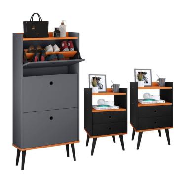 Imagem de Kit Sapateira Vertical 3 Gavetas Basculantes Dark Cinza/Cinamomo e 2 Mesinhas Canto Quarto Nicho Decorativo Dream Preto/Cinamomo RPM