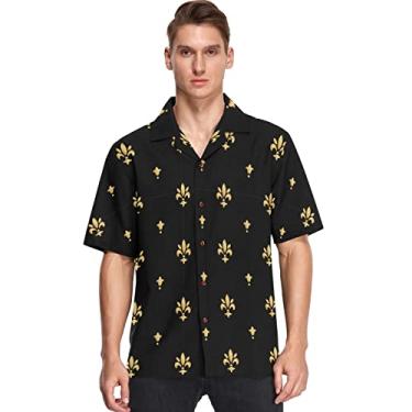 Imagem de visesunny Camisa masculina casual de manga curta havaiana com estampa floral dourada sem costura Aloha, Multicolorido, M