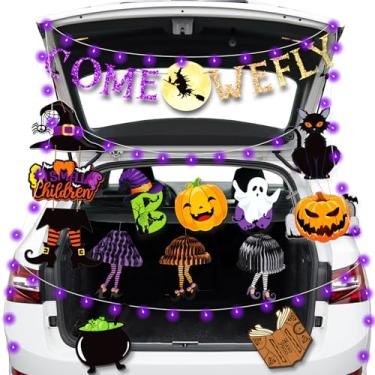 Imagem de Kit de decoração de carro de bruxa de Halloween com cordão de luzes de LED, faixa de glitter, chapéu de bruxa, gato preto, caldeirão, abóbora, fantasma, etc. - Decoração de Halloween para SUV, porta