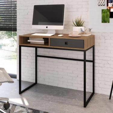 Imagem de Mesa de Escritório Industrial com 1 Gaveta e 1 Nicho - Mel/Preto/Grafi