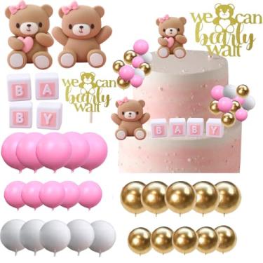 Imagem de ALISSAR 32Pcs Bear Cake Toppers for Baby Shower with Balls, We Can Bearly Wait Cake Topper, Bear Baby Shower Decorations (pink)
