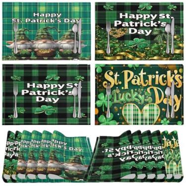 Imagem de ENLACHIC Jogo americano xadrez Bufflao Dia de São Patrício, conjunto com 4, trevo verde, duende, dia de São Patrício, para mesa, jantar, cozinha
