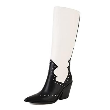 Imagem de Botas femininas sapatos tamanho grande bico fino rebites salto alto bota remendada para mulheres calçado de cowboy(39EU)