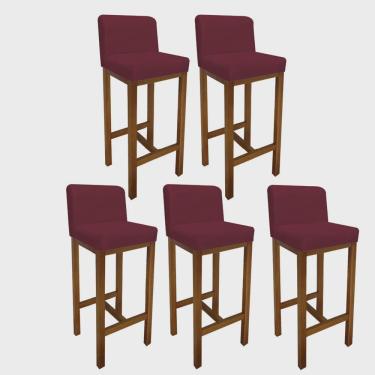 Imagem de Kit 05 Banqueta Alta Com Encosto Aila Cozinha Balcão Bistrô Base Madeira Castanho Suede Bordô - Ahz Móveis