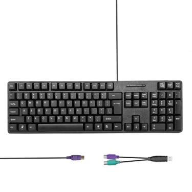 Imagem de YORUNOHOSHI Teclado de computador PS2 com fio de 104 teclas com adaptador PS2 para USB, suportes, à prova d'água - layout dos EUA compatível com Windows, PC, laptop, preto