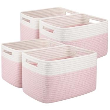 Imagem de OIAHOMY Pacote Com 4 Cestos De Armazenamento Para Organização, Prateleiras Cesto Alça, Brinquedos Tecido, Toalhas, Livros, Corda Algodão 33 Cm X 23 L 19 A, Rosa E Branco