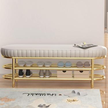 Imagem de Bench Rack de sapato para entrada, banco de armazenamento de calçados industriais com almofada, rack de sapatos de metal de duas camadas, bancada de entrada, banco de malha com armazenamento