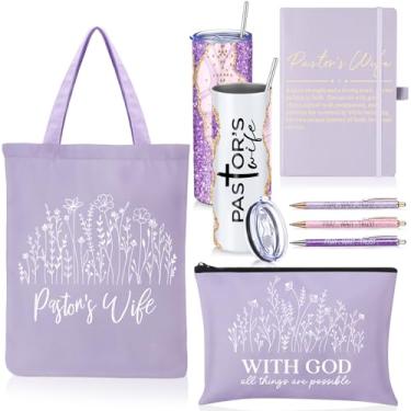 Imagem de Sieral Conjunto de 7 peças de presente de agradecimento de pastor esposa 590 ml de aço inoxidável reto com canudo bolsa de lona bolsa cosmética A5 diário caneta esferográfica fé cristã presentes