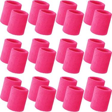 Imagem de Bememo 24 pulseiras de pulso esportivas a granel para homens e mulheres pulseiras de tênis atléticas respiráveis de algodão absorvente elástico felpudo para basquete, beisebol, academia, malhar (rosa