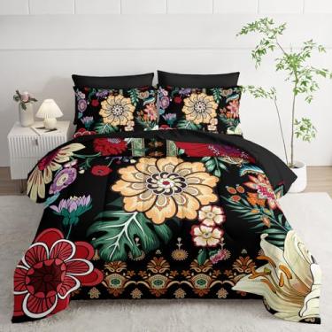Imagem de Conjunto de edredom floral colorido, 7 peças, tamanho casal, boêmio, folhas de flores de fazenda, estampa em preto, 7 peças em um saco, conjunto de lençol para todas as estações, microfibra macia e