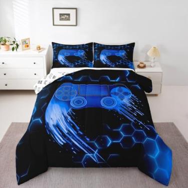Imagem de jejeloiu Conjunto de cama azul para jogos, tamanho casal, decoração de quarto de adolescentes, moderno, console de jogos, conjunto de edredom respirável, macio, leve, microfibra, joystick feminino e