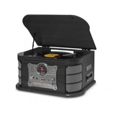 Imagem de Vitrola Raveo Spazio Ebony com Toca-discos de 3 velocidades, Rádio FM, CD e Cassete players, USB e SD (reproduzem e gravam), entrada e saída auxiliares e tecnologia de conexão Bluetooth.