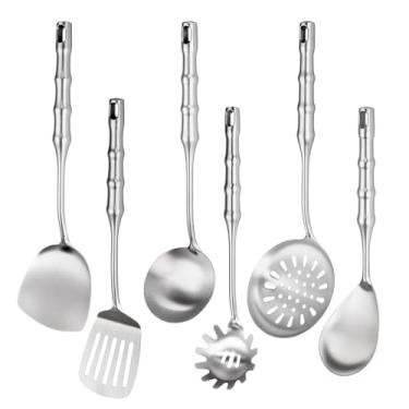Imagem de Utensílios de cozinha de aço inoxidável 304, conjunto de 6 utensílios de cozinha de metal, conjunto de utensílios de cozinha inclui colher de sopa, espátula com fenda, colher de espaguete, colher