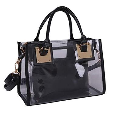Imagem de Rullar Bolsa feminina pequena transparente de ombro de praia com alça superior de PVC transparente, Preto, One Size, Clássico