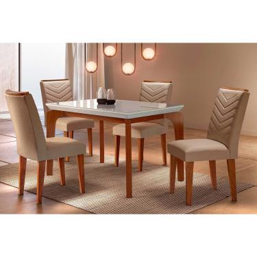 Imagem de Sala de Jantar Completa Londrina Tampo Madeirado c/ Vidro Reto 120x80 e 4 Cadeiras Londrina Imbuia/Suede Capuccino - Rufato