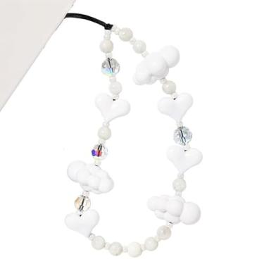Imagem de WCCH Amuleto de telefone com contas Y2K Kawaii feito à mão com cordão de telefone de acrílico para bolsa de câmera, airpods, chaveiro, berloque, coração branco e nuvem branca