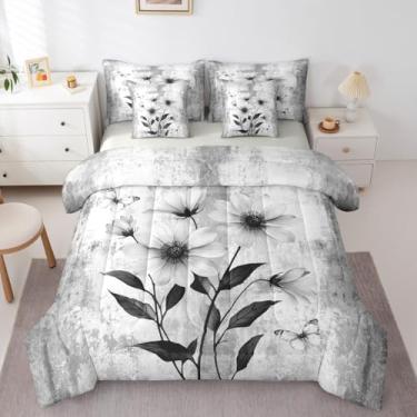 Imagem de Erosebridal Conjunto de edredom Queen com estampa abstrata de flores e margaridas em uma bolsa com lençol de cima e lençol com elástico, casa de fazenda rústica, conjunto de edredom de 7 peças, cinza