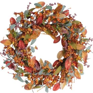 Imagem de Bibelot Guirlanda de outono de 55 cm para porta da frente – Guirlanda de outono artificial de eucalipto, decoração de varanda de ação de graças para ambientes internos e externos