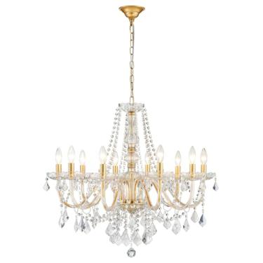 Imagem de Lustre de cristal grande, lustres modernos de cristal dourado para sala de jantar, luminárias pendentes de ouro grande de 10 luzes lustre de luxo para sala de estar quarto hall de entrada D26,8 ''
