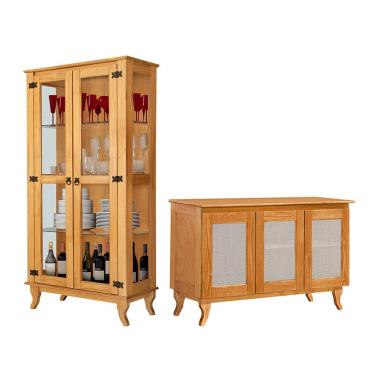Imagem de Conjunto Sala de Jantar Cristaleira de Madeira Antiga com Buffet 3 Portas Premium Imbuia