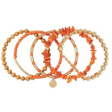 Imagem de Firstmeet Conjunto de pulseiras emagrecedoras turquesa boêmia, 5 peças, empilháveis, contas de madeira e pedra, joias retrô para férias, Medium, Pedra, Sem Pedra Preciosa