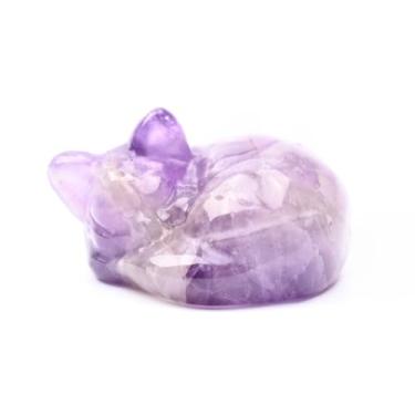 Imagem de WHAL&YUNE Estatuetas colecionáveis de gato dormindo, gato ametista de 3,8 cm, para amantes de gatos, decoração de gato com pedra preciosa esculpida à mão para presentes (ametista roxa clara)