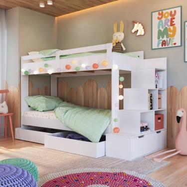 Imagem de Cama Beliche Infantil Bicama Menino Menina 2,32m Com Escada, Nichos E Gavetas Com Rodas Branca